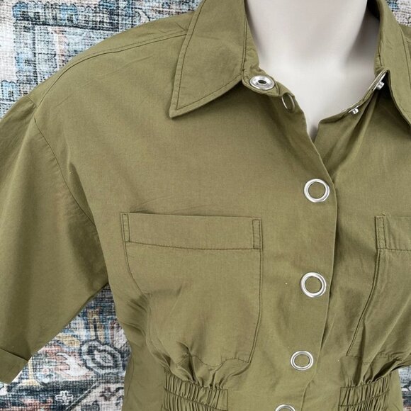 Zara Snap Front Dress Size L Elastic Cinch Waist Army Green SHort Sleeve Collar - Picture 6 of 12